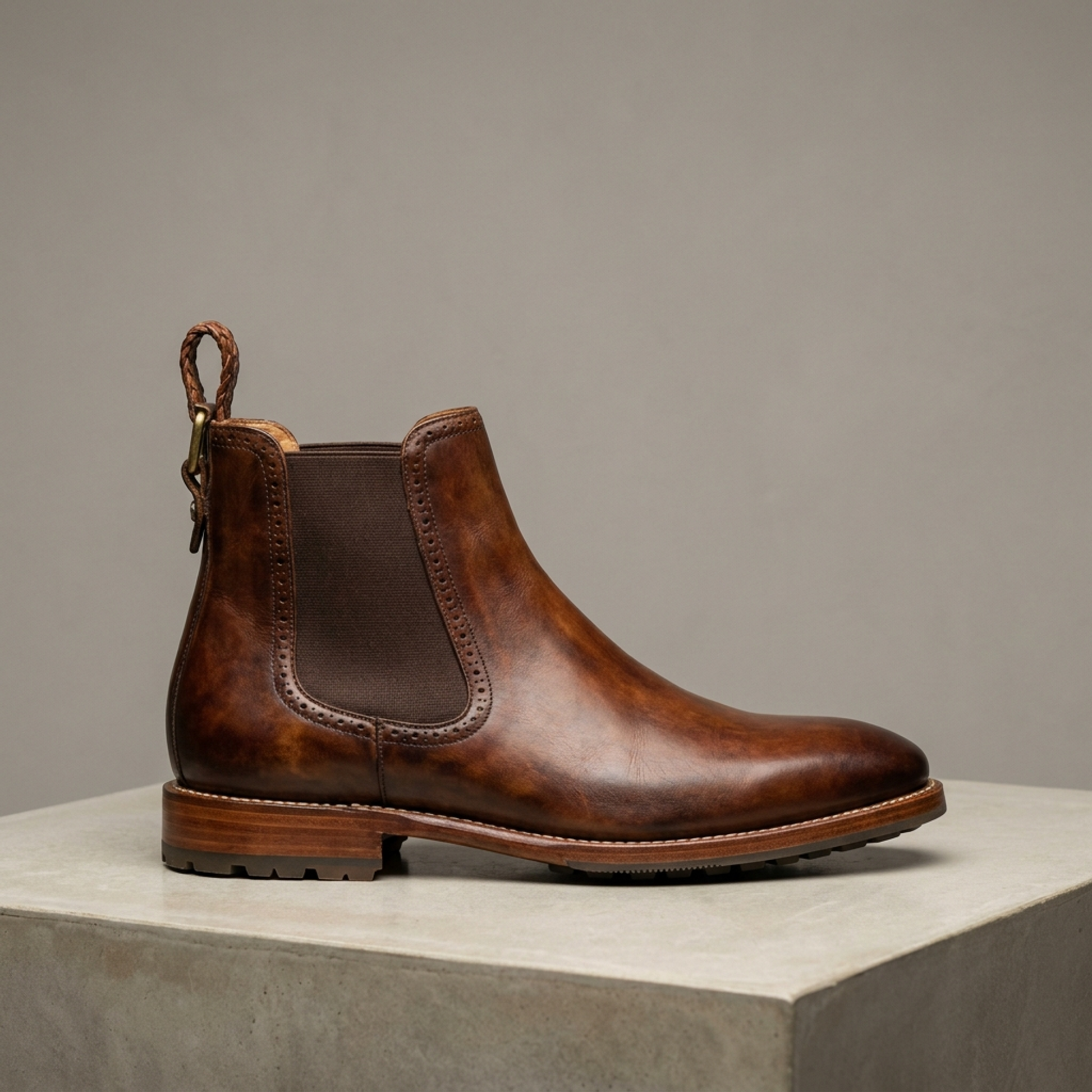 Height Increasing Brown Patina Calf Tramontana Chelsea Boot with Natural Leather Sole - 3 Inch Hidden Heel