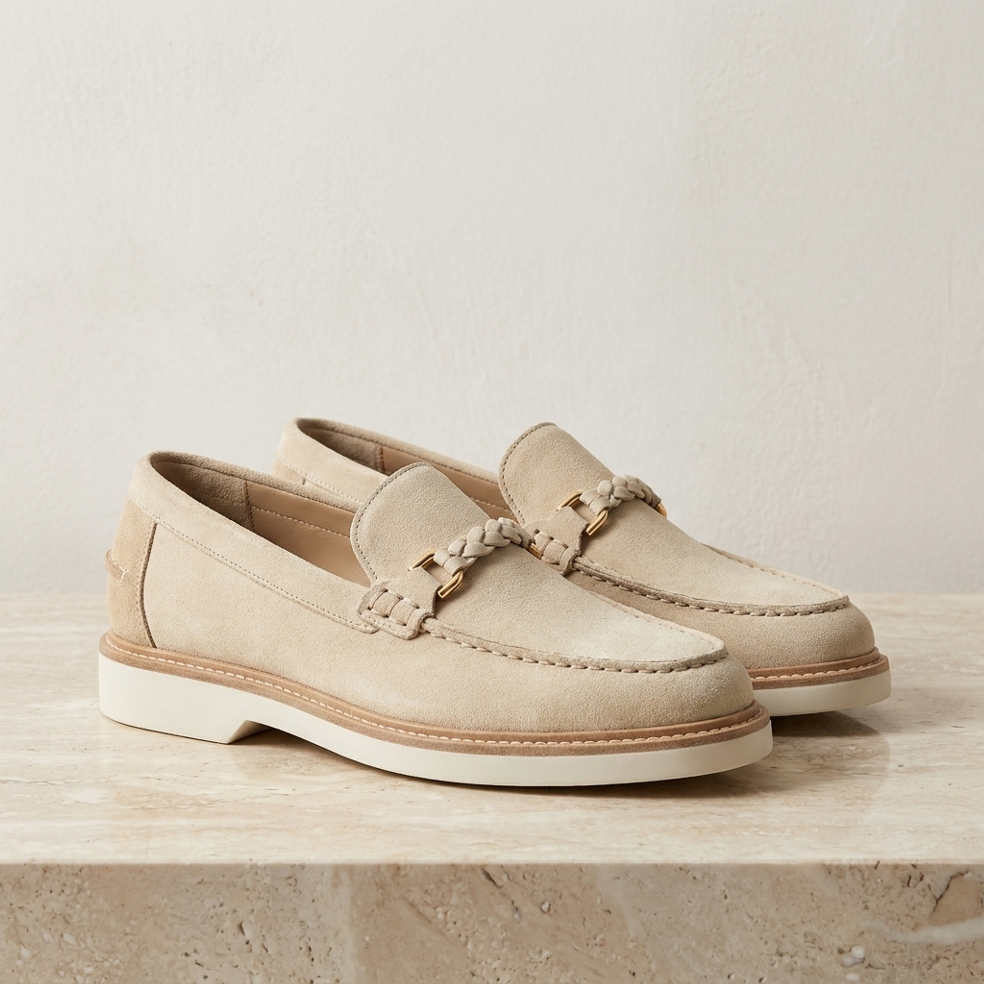 Height Increasing Cream Suede Mildew Loafer with White Yacht Sole - 3 Inch Hidden Heel