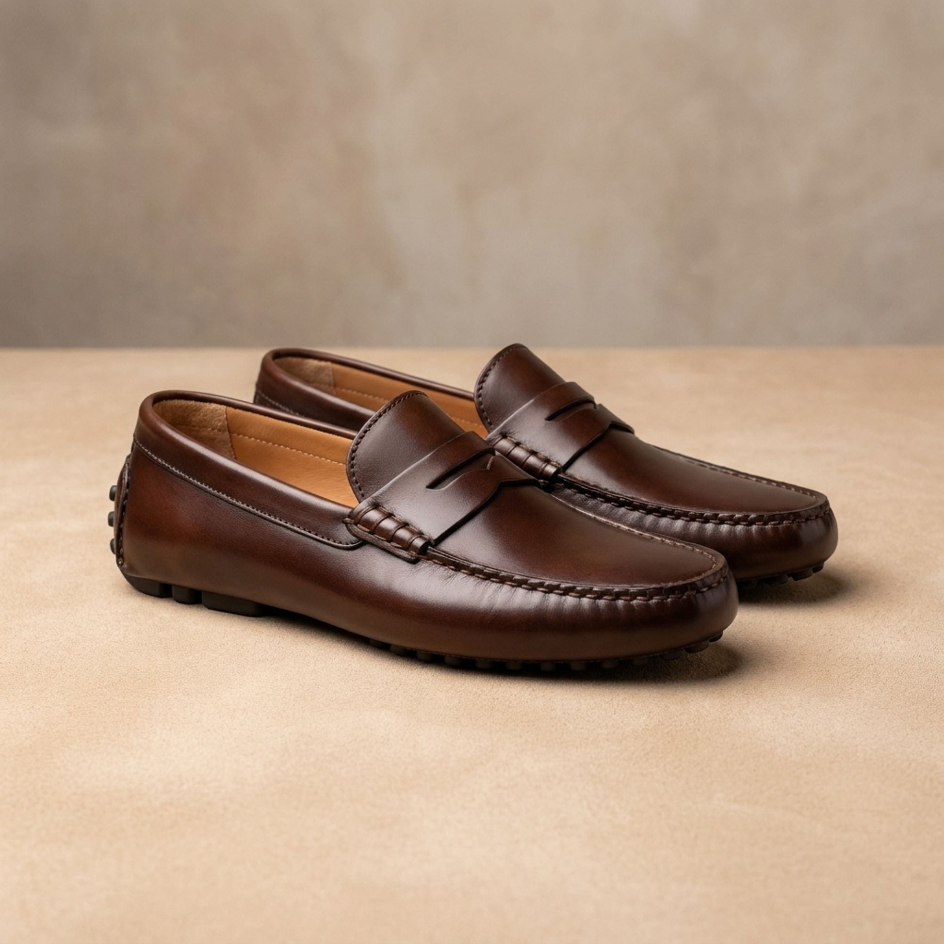 Height Increasing Dark Brown Leather Ponente Driving Shoe with Pebble Rubber Sole - 3 Inch Hidden Heel