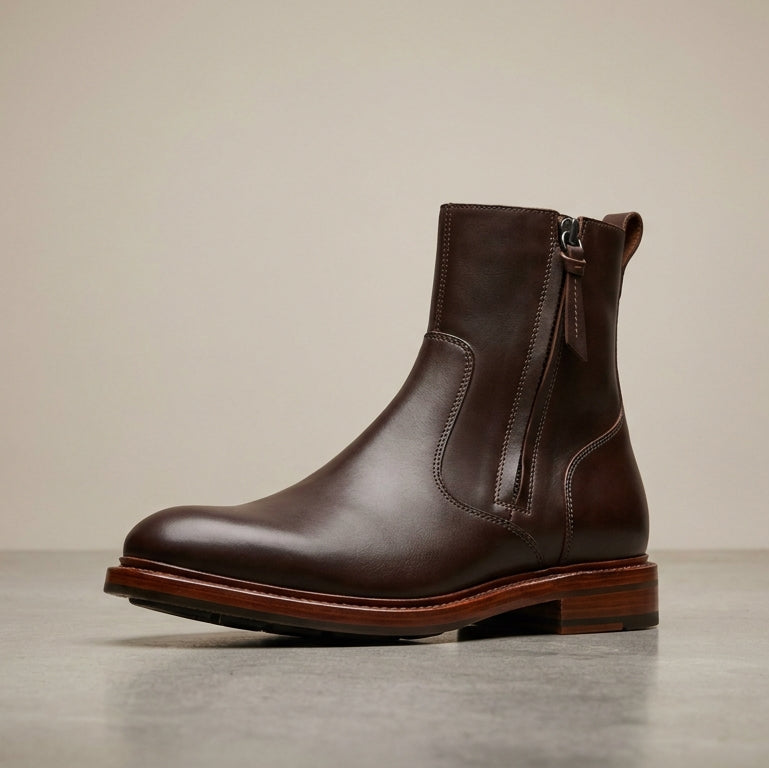 Height Increasing Dark Brown Leather Scirocco Zip Boot with Natural Leather Sole - 3 Inch Hidden Heel