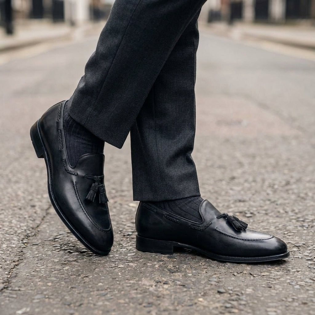 Black Leather Favonio Tassel Loafer with Black Leather Sole