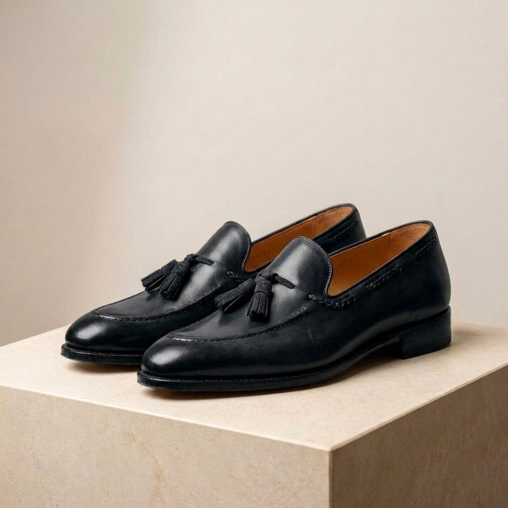 Black Leather Favonio Tassel Loafer with Black Leather Sole