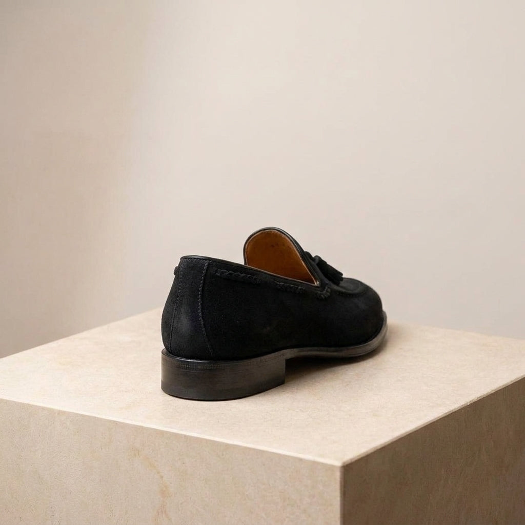 Black Suede Favonio Tassel Loafer with Black Leather Sole