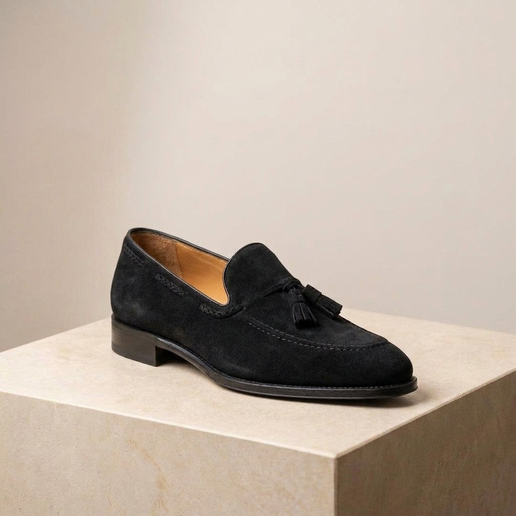 Black Suede Favonio Tassel Loafer with Black Leather Sole