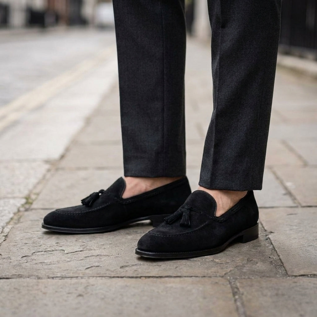 Black Suede Favonio Tassel Loafer with Black Leather Sole