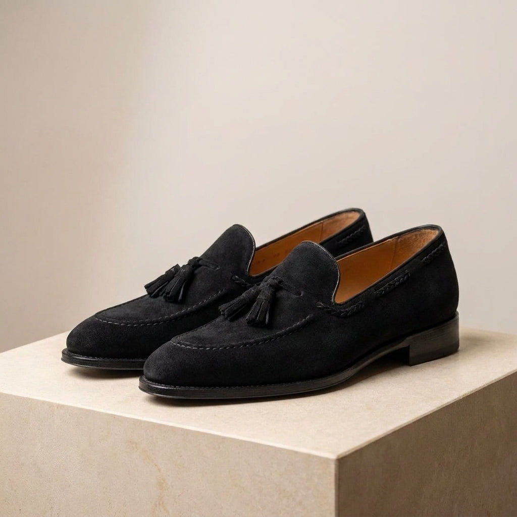 Black Suede Favonio Tassel Loafer with Black Leather Sole