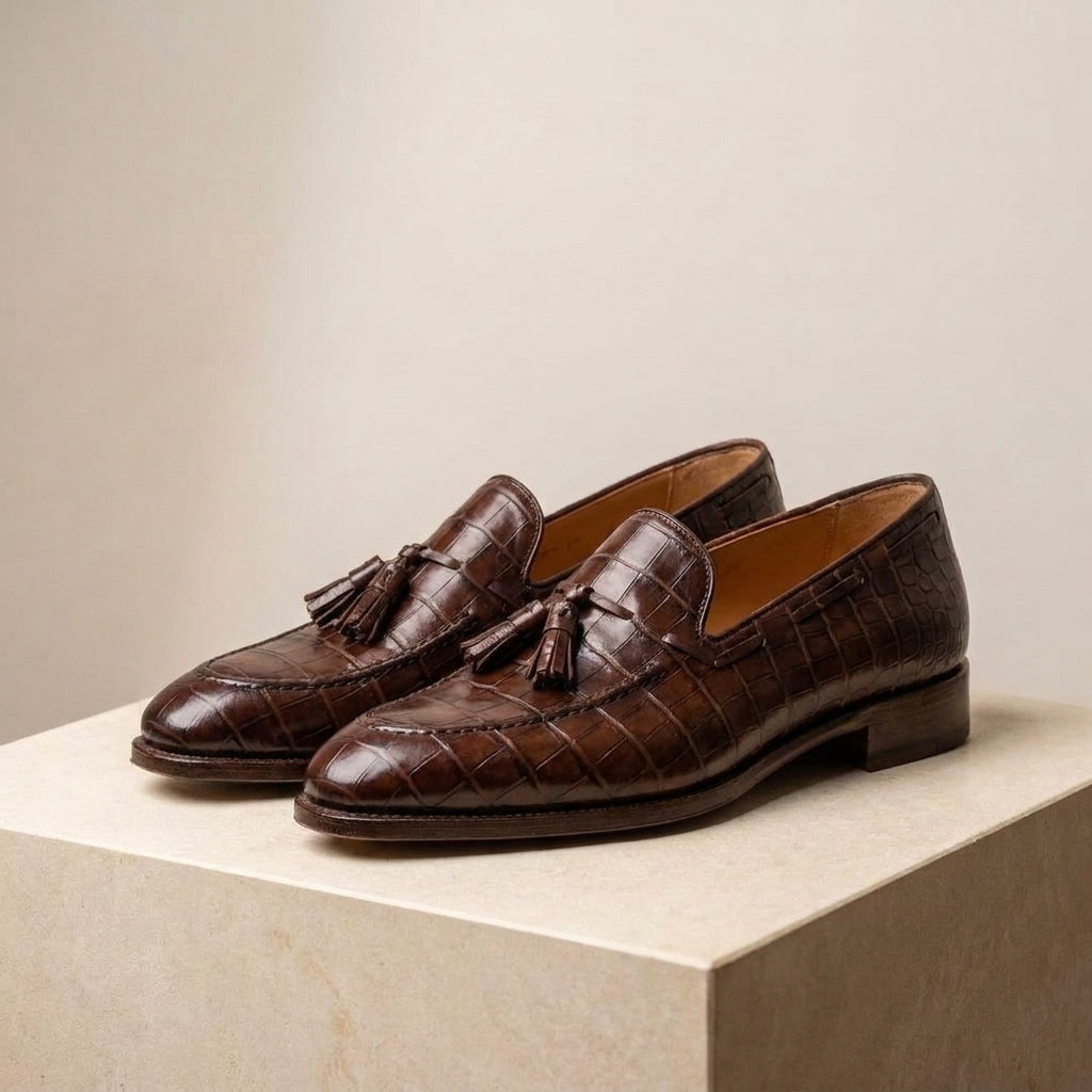 Burgundy Crocodile-Print Leather Favonio Tassel Loafer with Natural Leather Sole