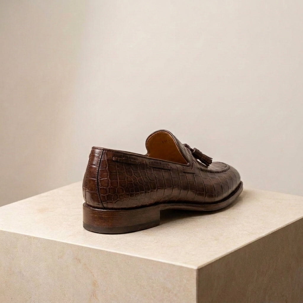 Burgundy Crocodile-Print Leather Favonio Tassel Loafer with Natural Leather Sole