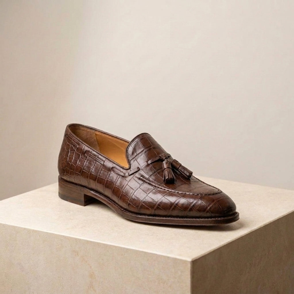 Burgundy Crocodile-Print Leather Favonio Tassel Loafer with Natural Leather Sole