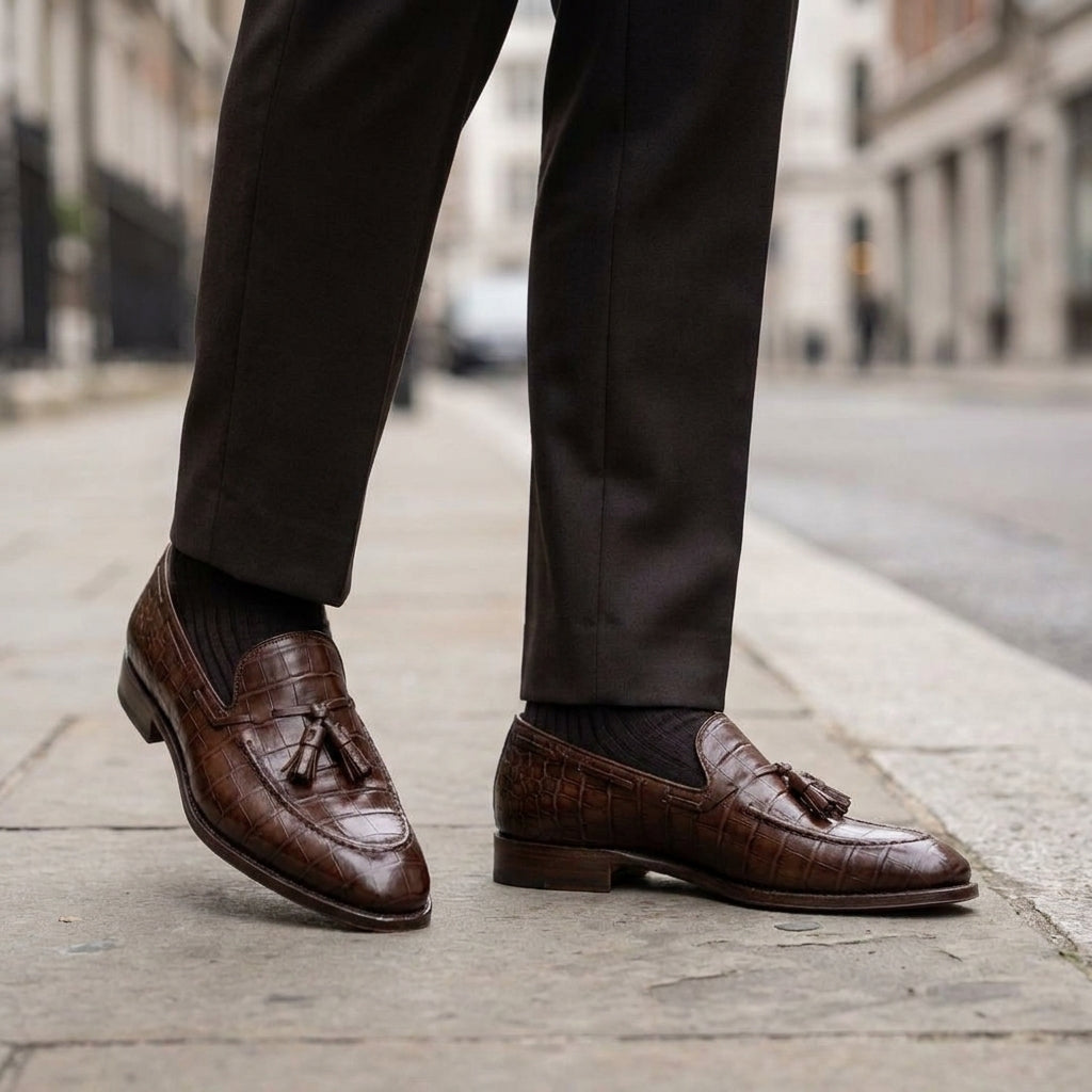 Burgundy Crocodile-Print Leather Favonio Tassel Loafer with Natural Leather Sole