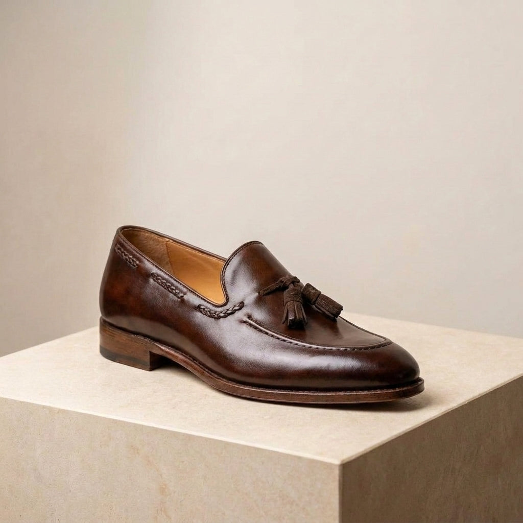Burgundy Leather Favonio Tassel Loafer with Natural Leather Sole