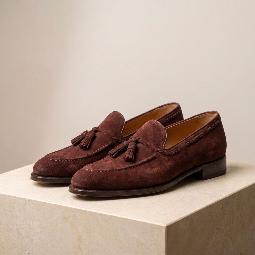 Burgundy Suede Favonio Tassel Loafer with Natural Leather Sole