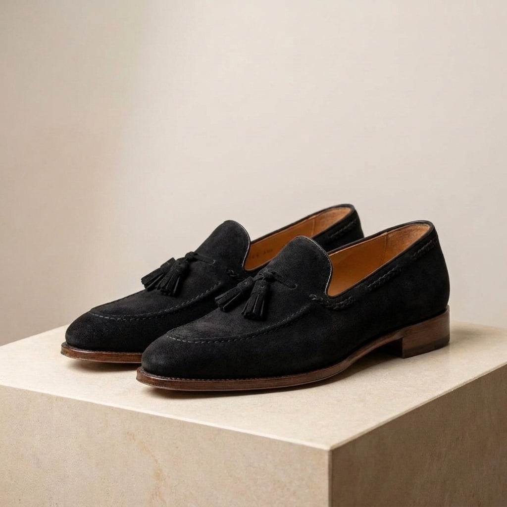 Cream Suede Favonio Tassel Loafer with Natural Leather Sole