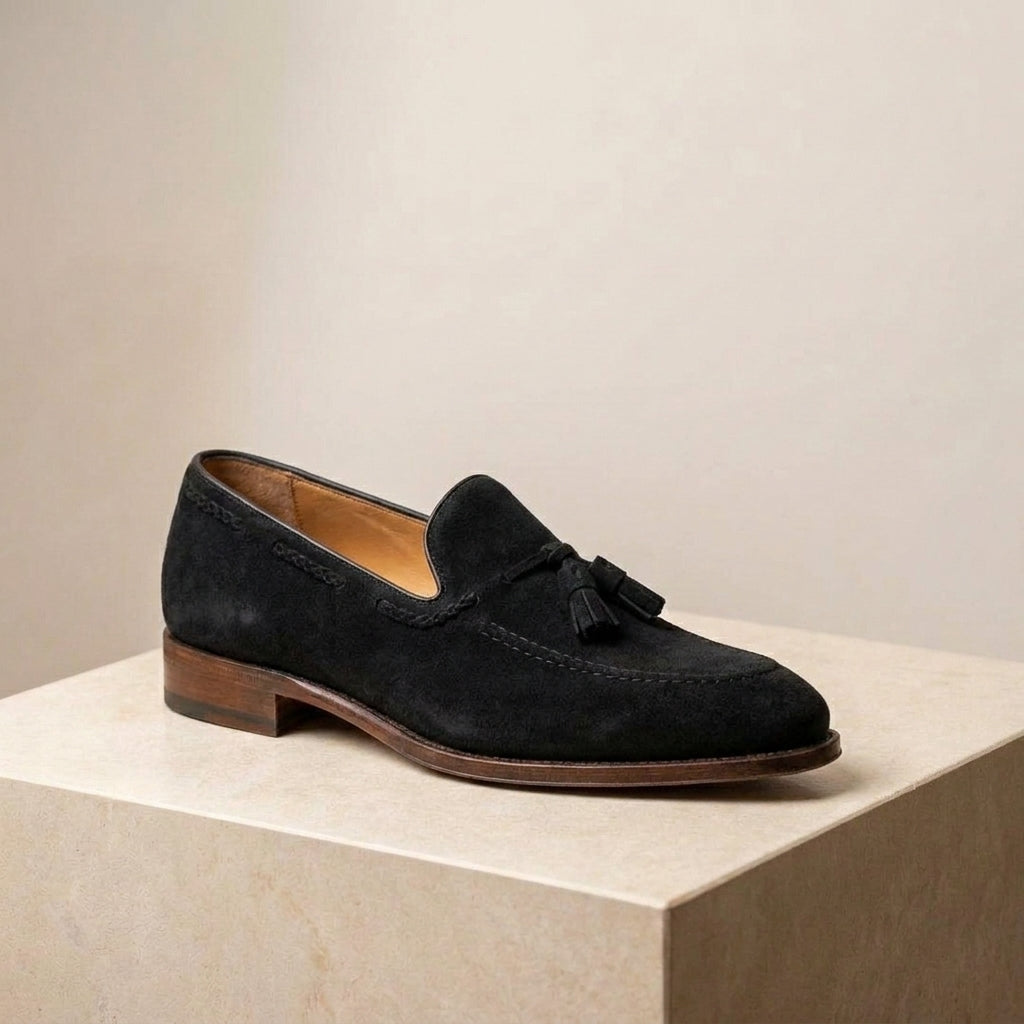 Cream Suede Favonio Tassel Loafer with Natural Leather Sole