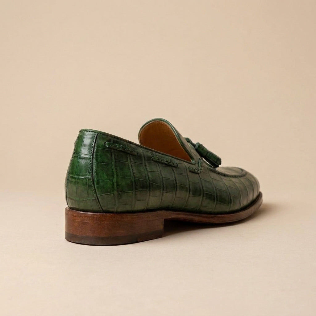 Green Crocodile-Print Leather Favonio Tassel Loafer with Natural Leather Sole