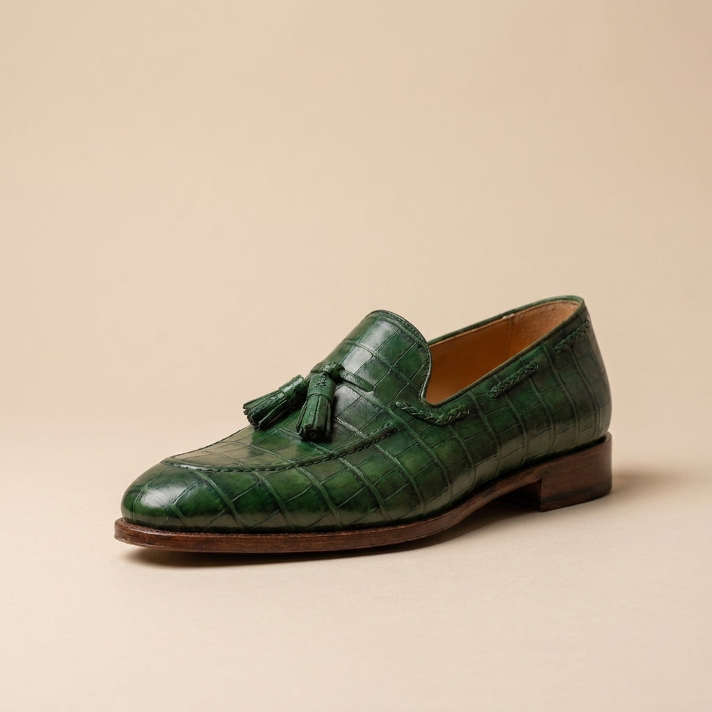 Green Crocodile-Print Leather Favonio Tassel Loafer with Natural Leather Sole