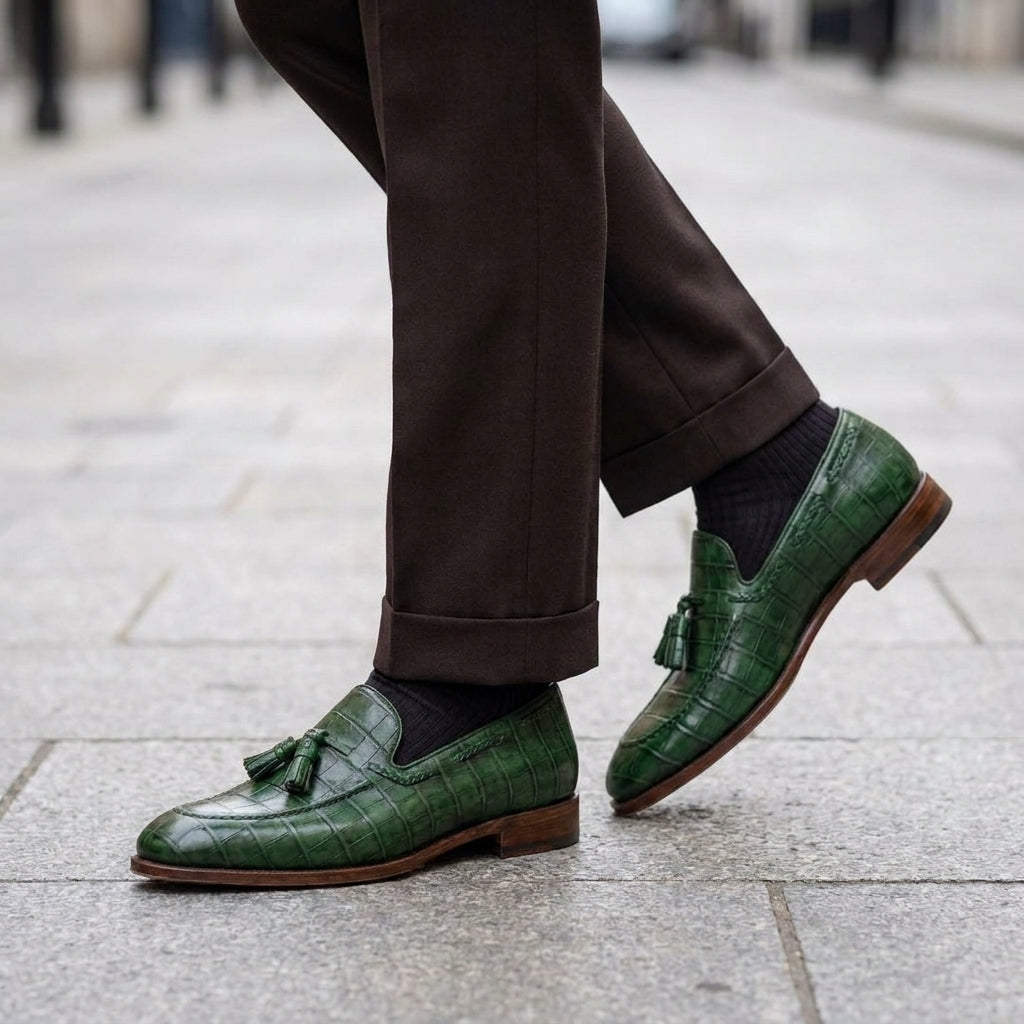 Green Crocodile-Print Leather Favonio Tassel Loafer with Natural Leather Sole