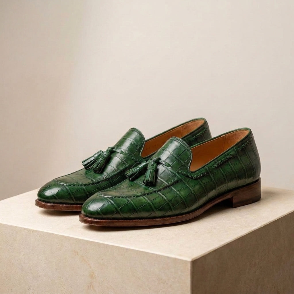 Green Crocodile-Print Leather Favonio Tassel Loafer with Natural Leather Sole