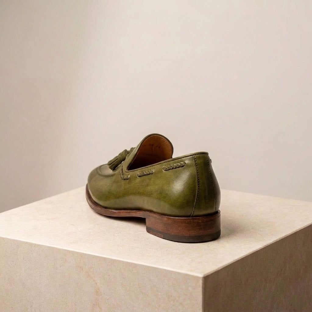 Green Leather Favonio Tassel Loafer with Natural Leather Sole