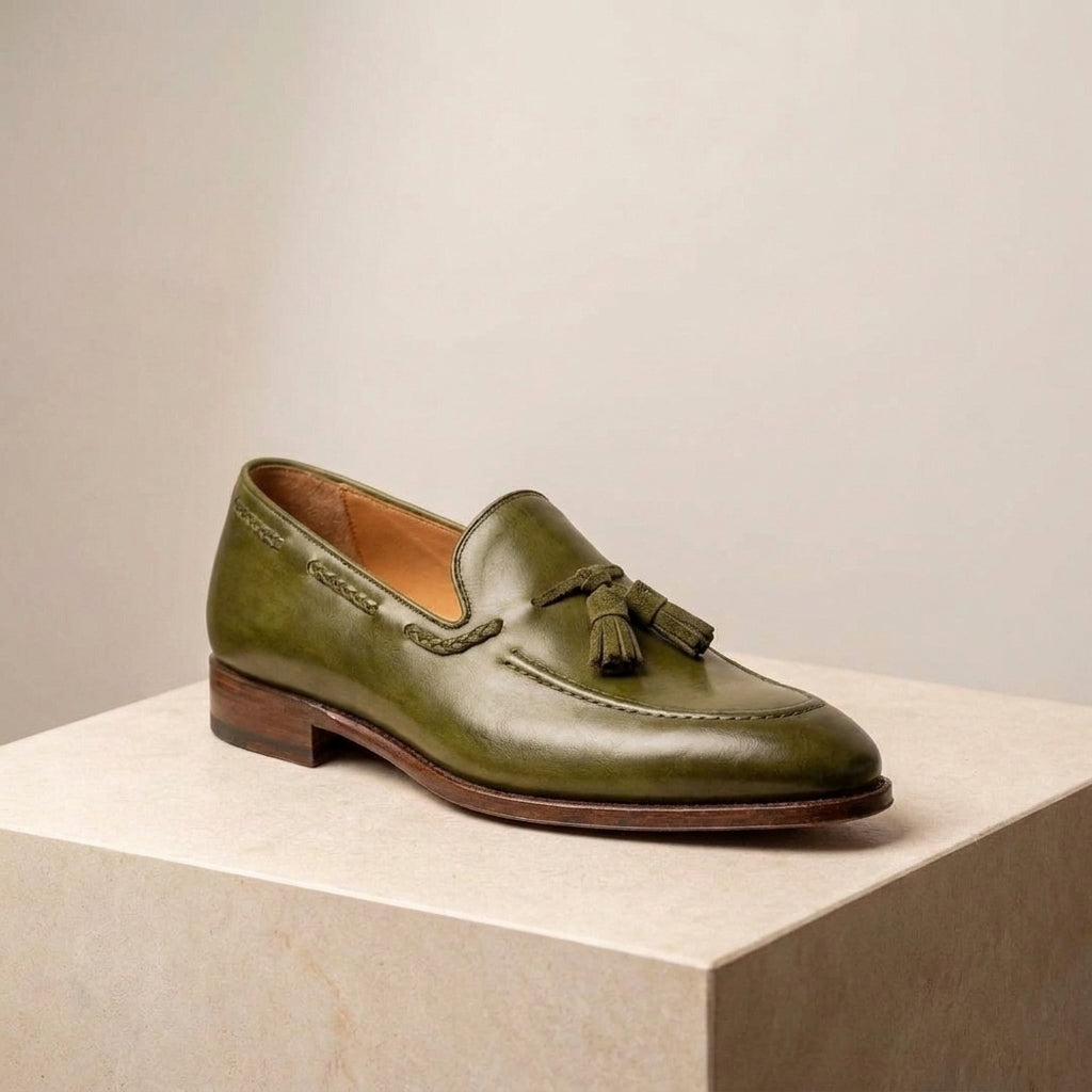Green Leather Favonio Tassel Loafer with Natural Leather Sole