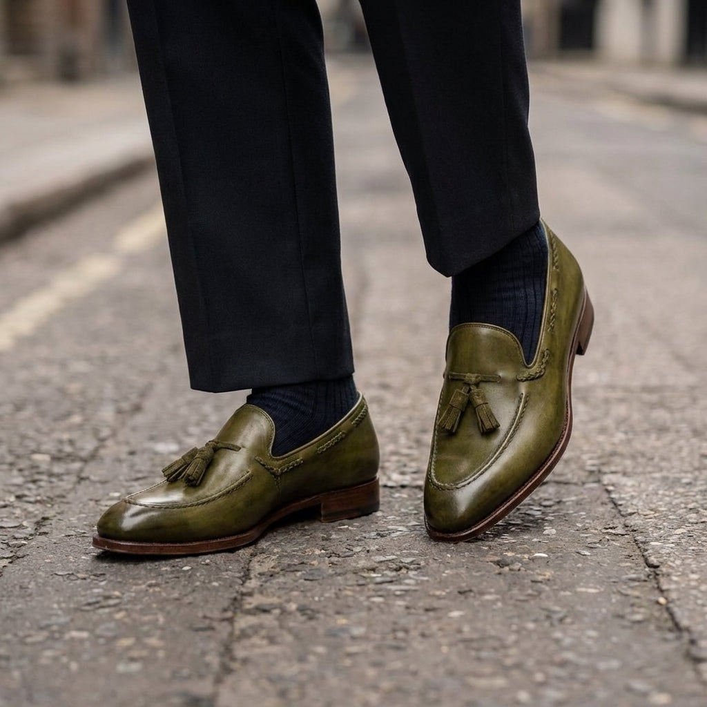 Green Leather Favonio Tassel Loafer with Natural Leather Sole