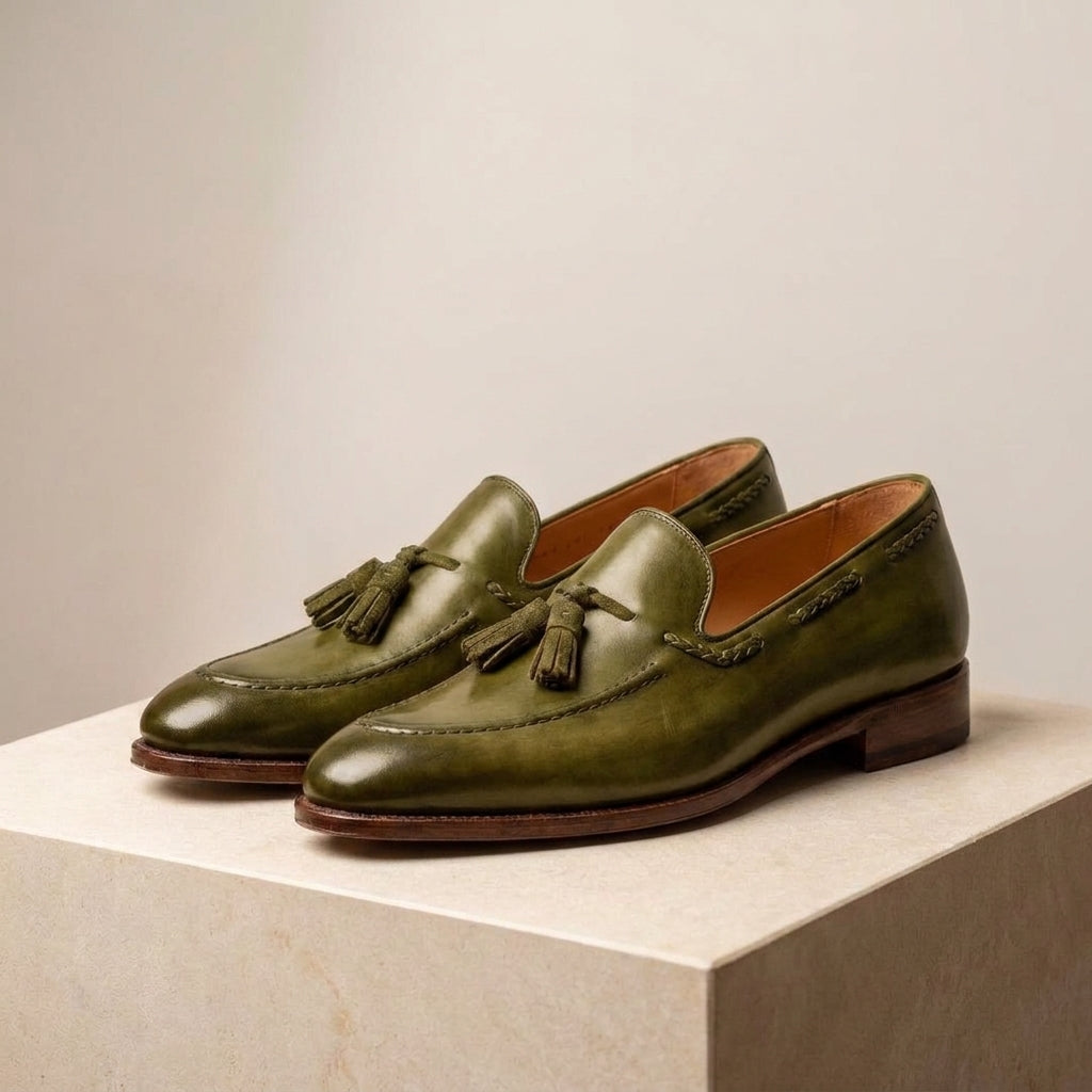 Green Leather Favonio Tassel Loafer with Natural Leather Sole