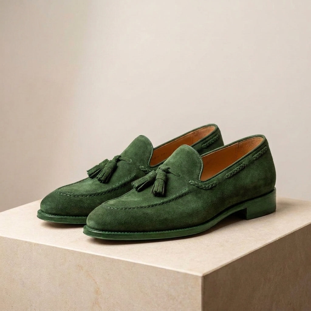 Green Suede Favonio Tassel Loafer with Natural Leather Sole