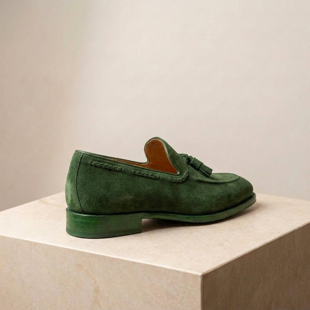 Green Suede Favonio Tassel Loafer with Natural Leather Sole