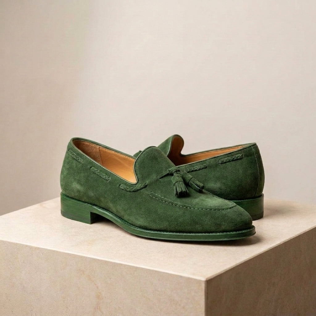 Green Suede Favonio Tassel Loafer with Natural Leather Sole