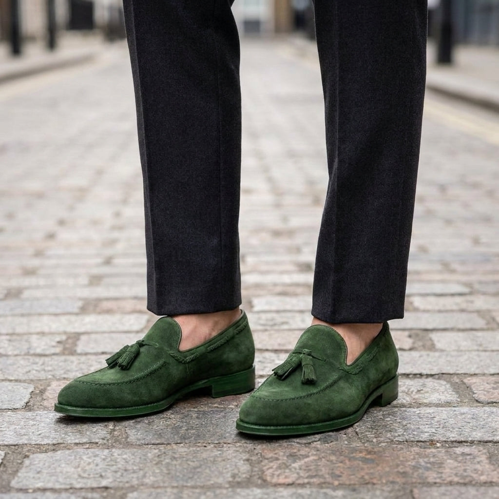 Green Suede Favonio Tassel Loafer with Natural Leather Sole