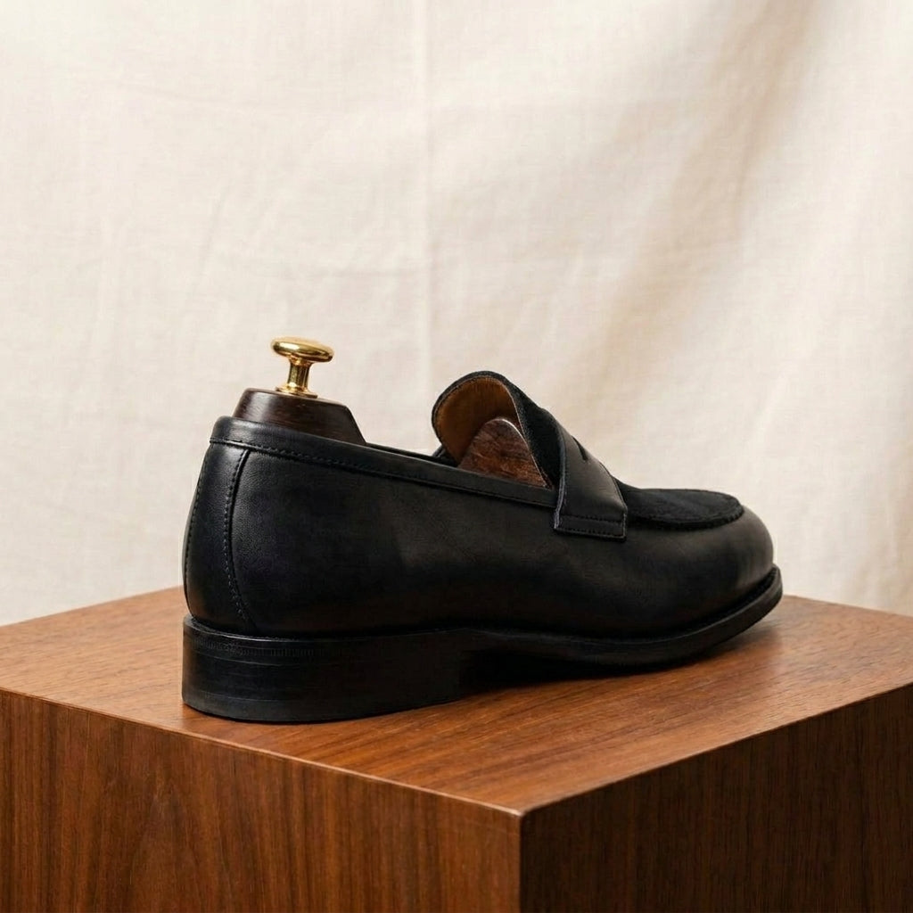 Black Leather Garbin Penny Loafer with Black Leather Sole