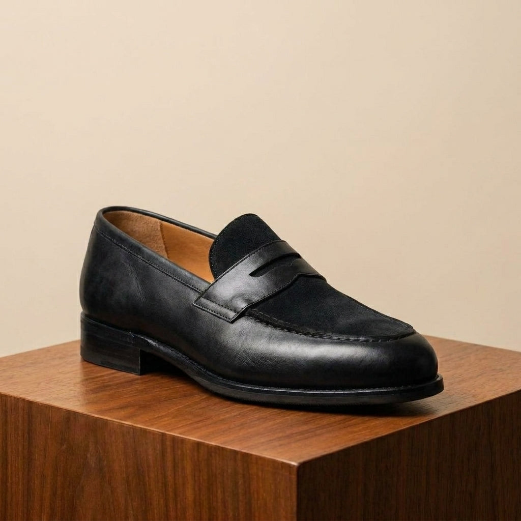 Black Leather Garbin Penny Loafer with Black Leather Sole