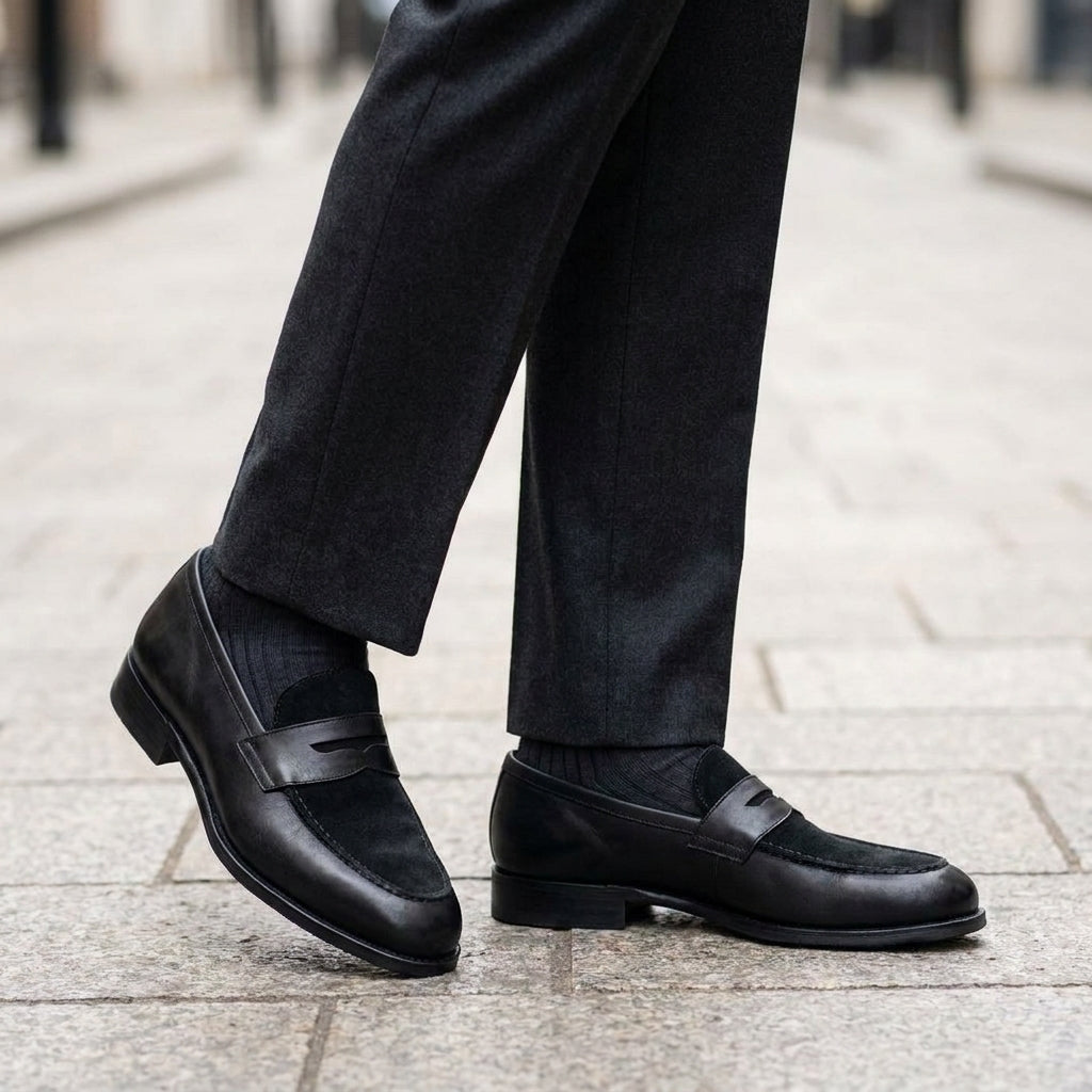 Black Leather Garbin Penny Loafer with Black Leather Sole