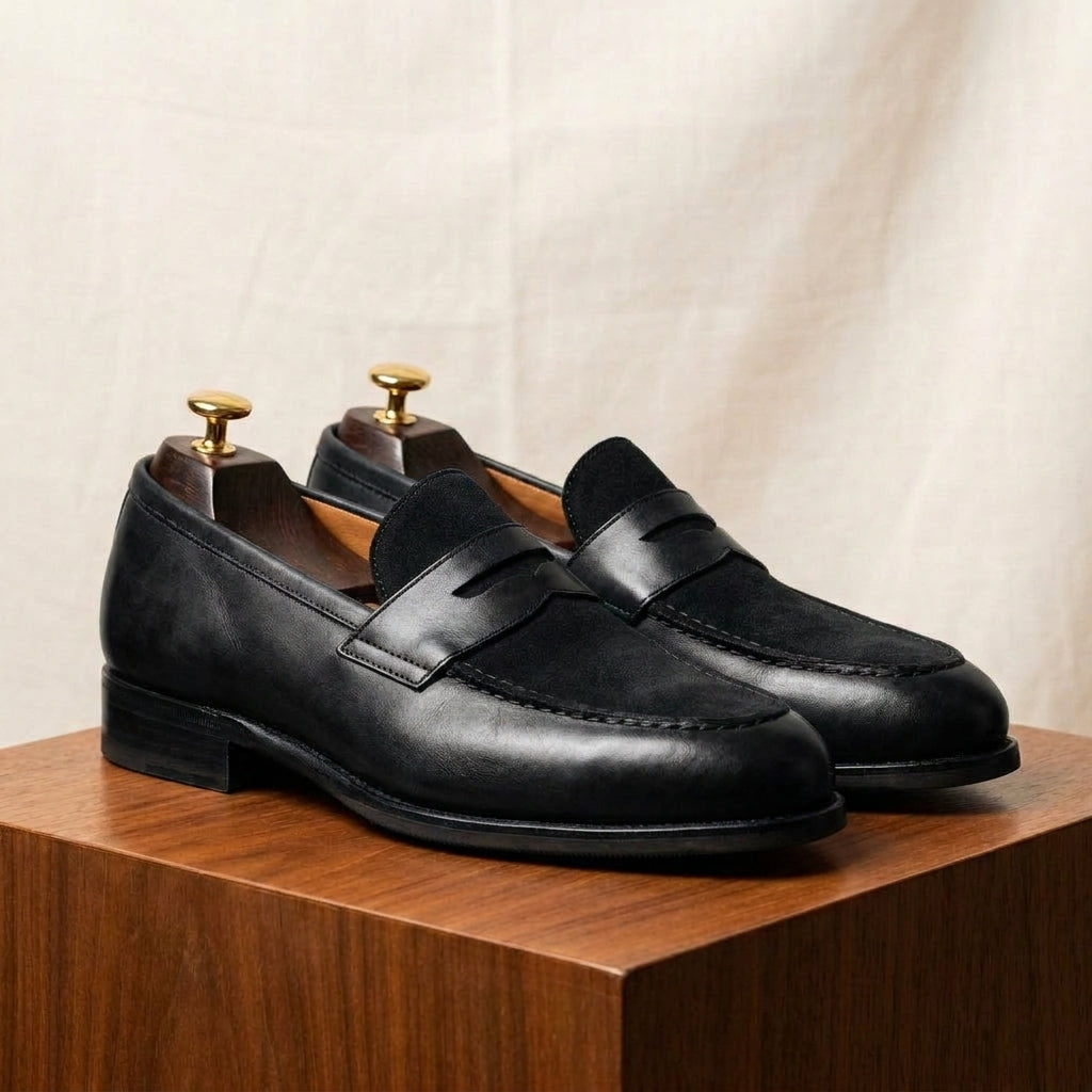 Black Leather Garbin Penny Loafer with Black Leather Sole