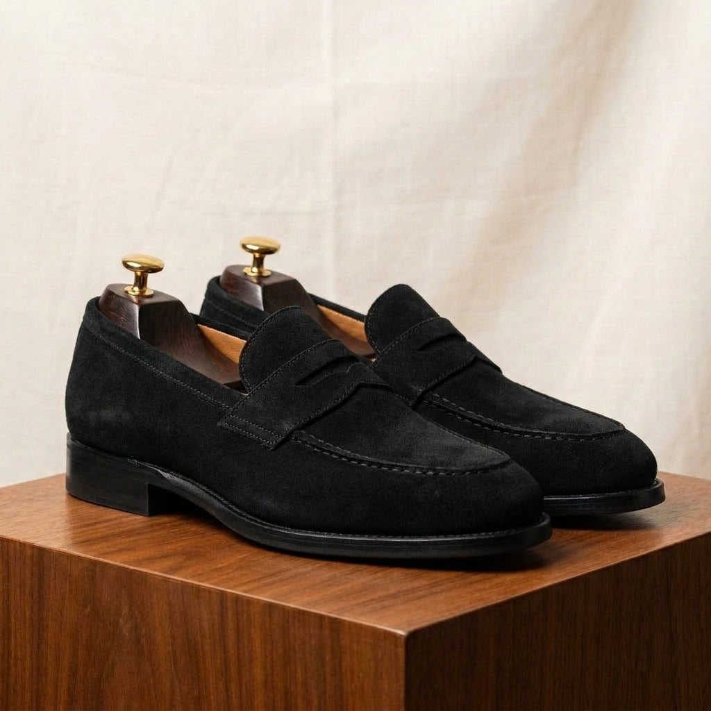 Black Suede Garbin Penny Loafer with Black Leather Sole