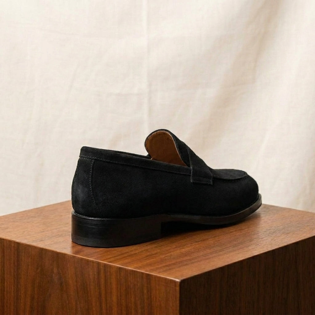 Black Suede Garbin Penny Loafer with Black Leather Sole