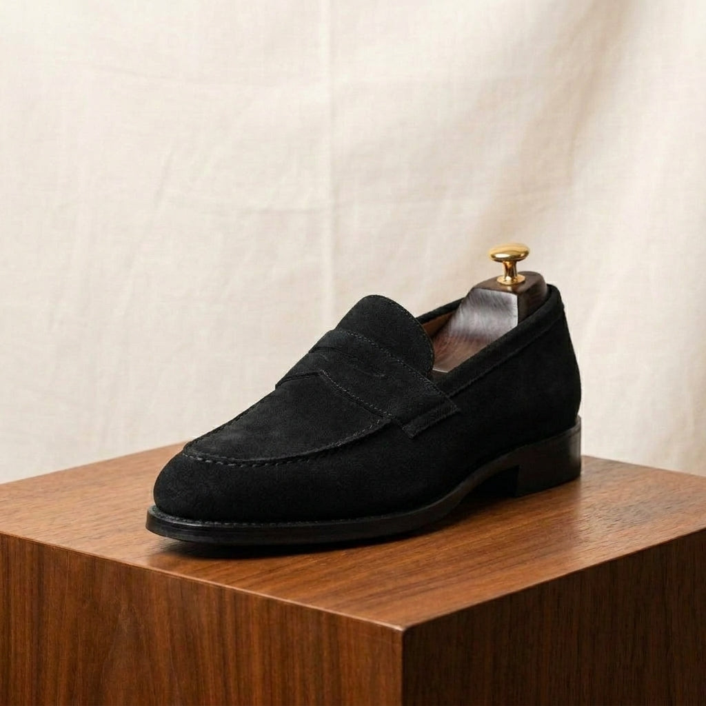 Black Suede Garbin Penny Loafer with Black Leather Sole