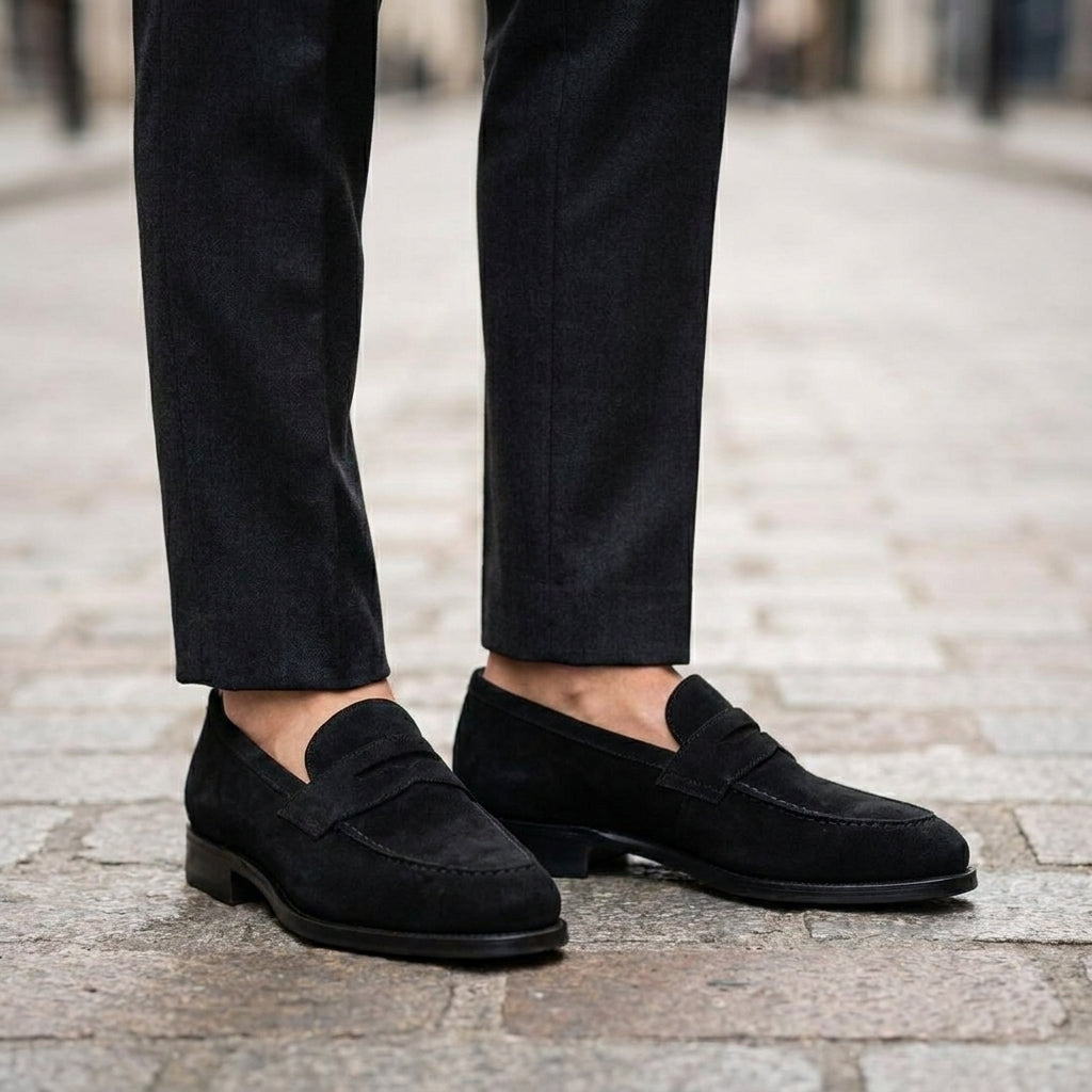 Black Suede Garbin Penny Loafer with Black Leather Sole