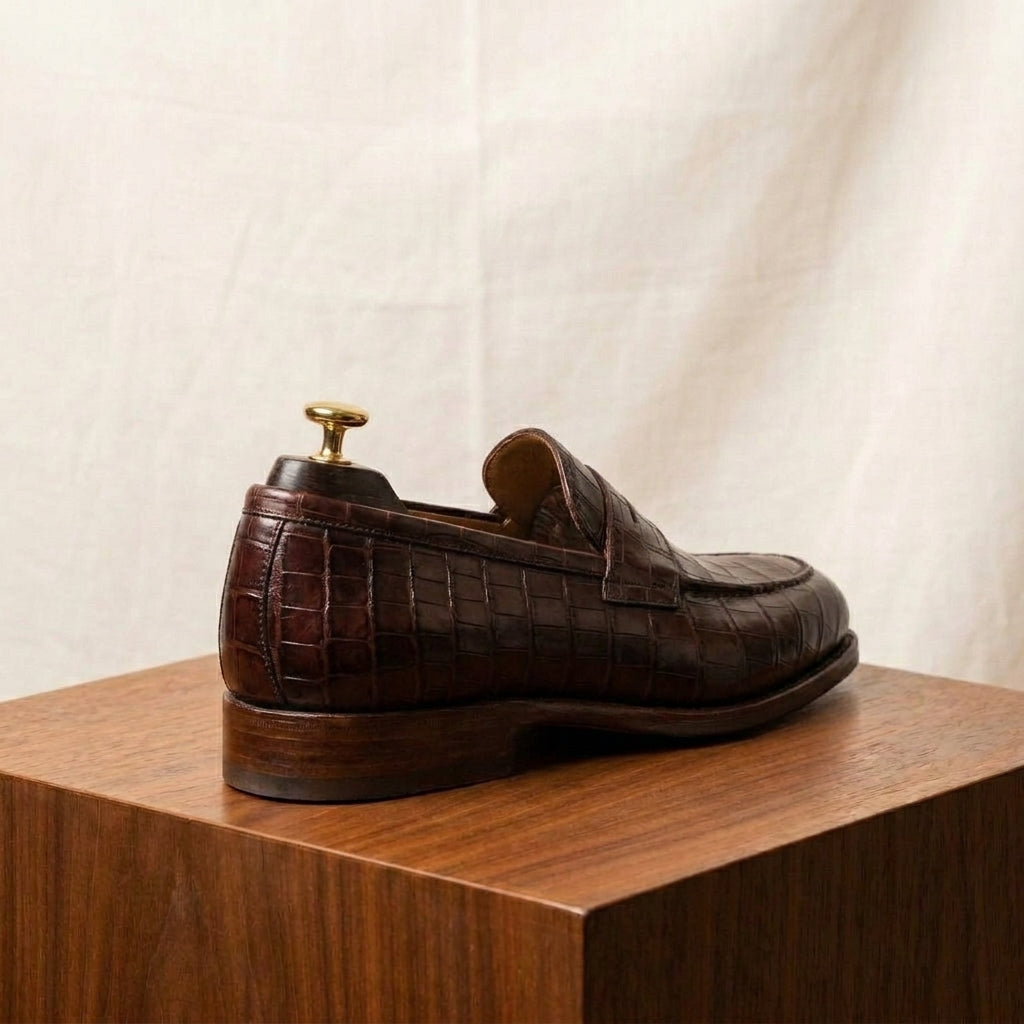 Burgundy Crocodile-Print Leather Garbin Penny Loafer with Natural Leather Sole