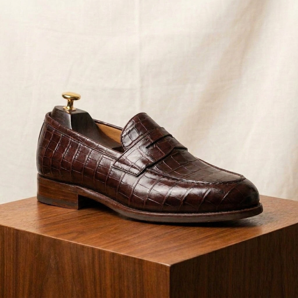 Burgundy Crocodile-Print Leather Garbin Penny Loafer with Natural Leather Sole