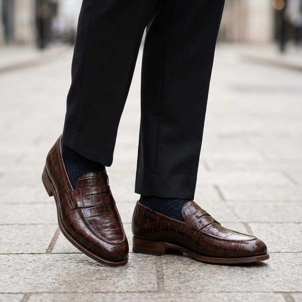 Burgundy Crocodile-Print Leather Garbin Penny Loafer with Natural Leather Sole