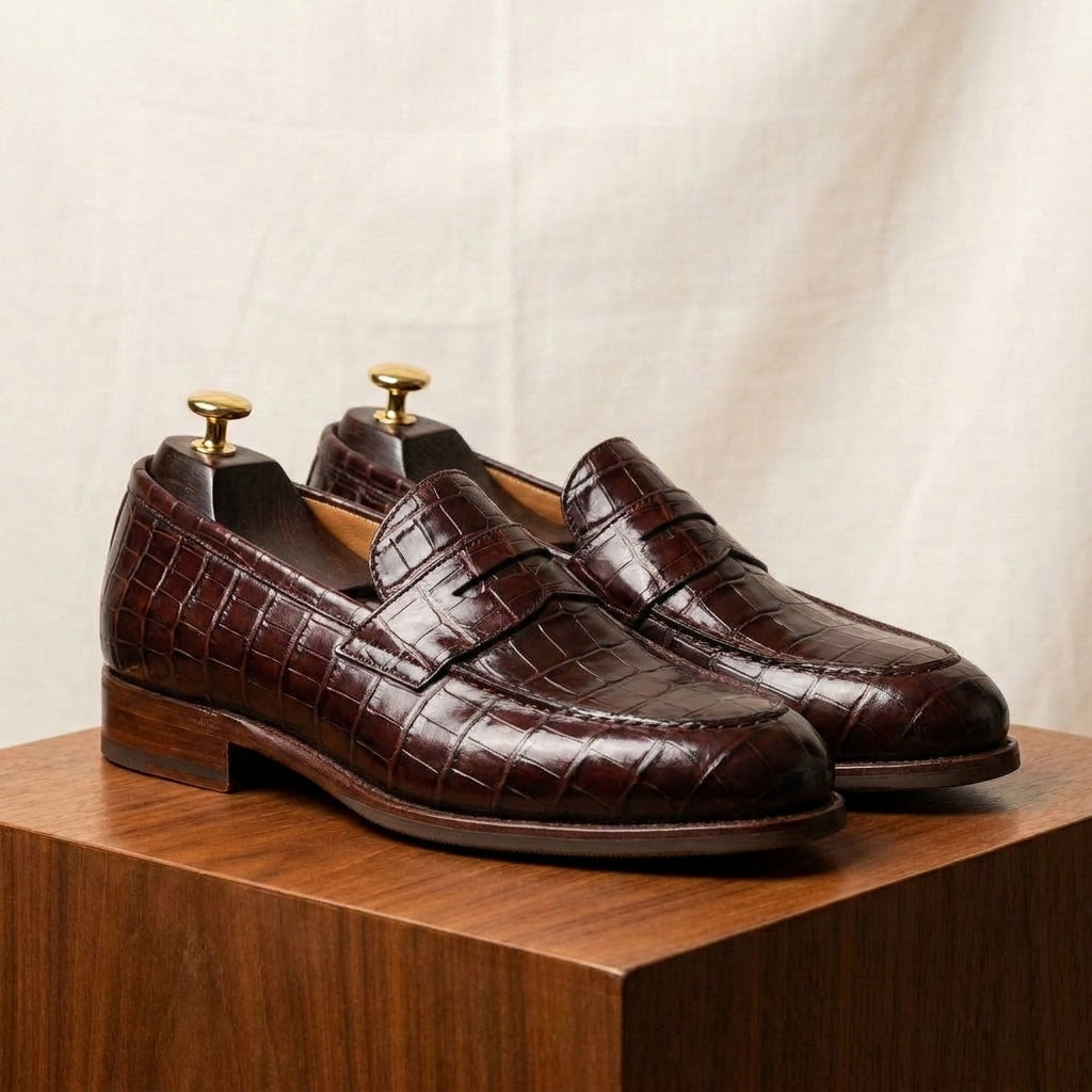 Burgundy Crocodile-Print Leather Garbin Penny Loafer with Natural Leather Sole