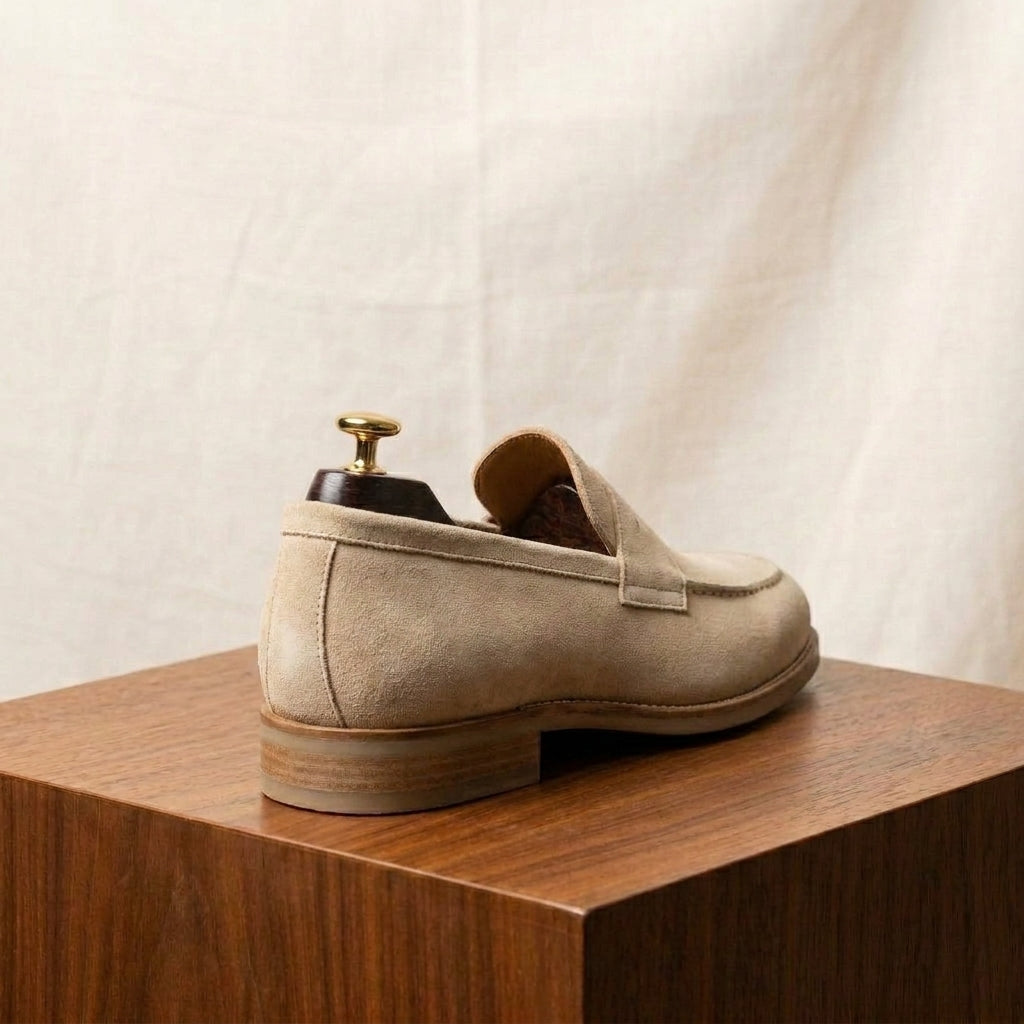 Cream Suede Garbin Penny Loafer with Natural Leather Sole