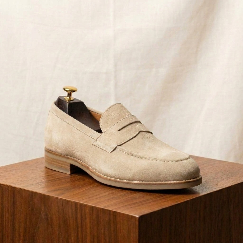 Cream Suede Garbin Penny Loafer with Natural Leather Sole