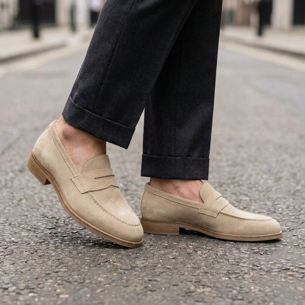Cream Suede Garbin Penny Loafer with Natural Leather Sole