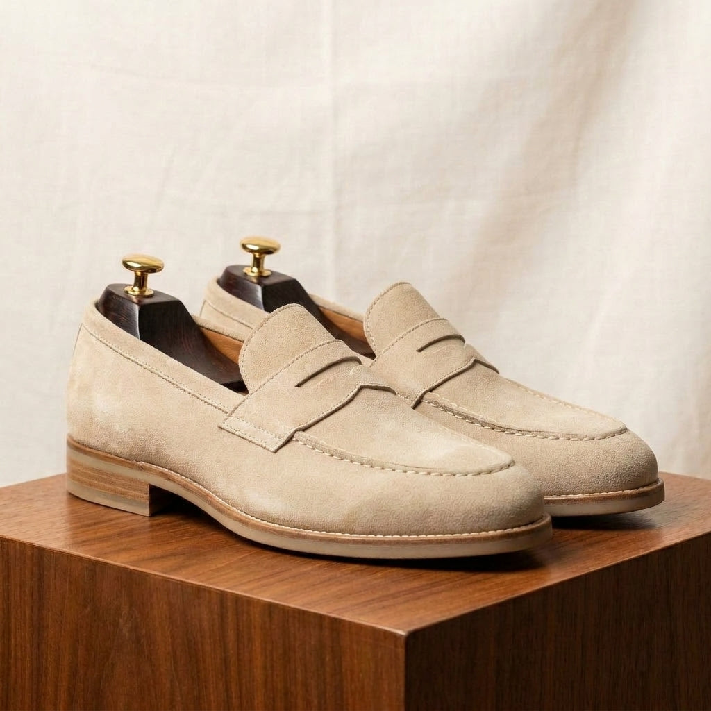 Cream Suede Garbin Penny Loafer with Natural Leather Sole