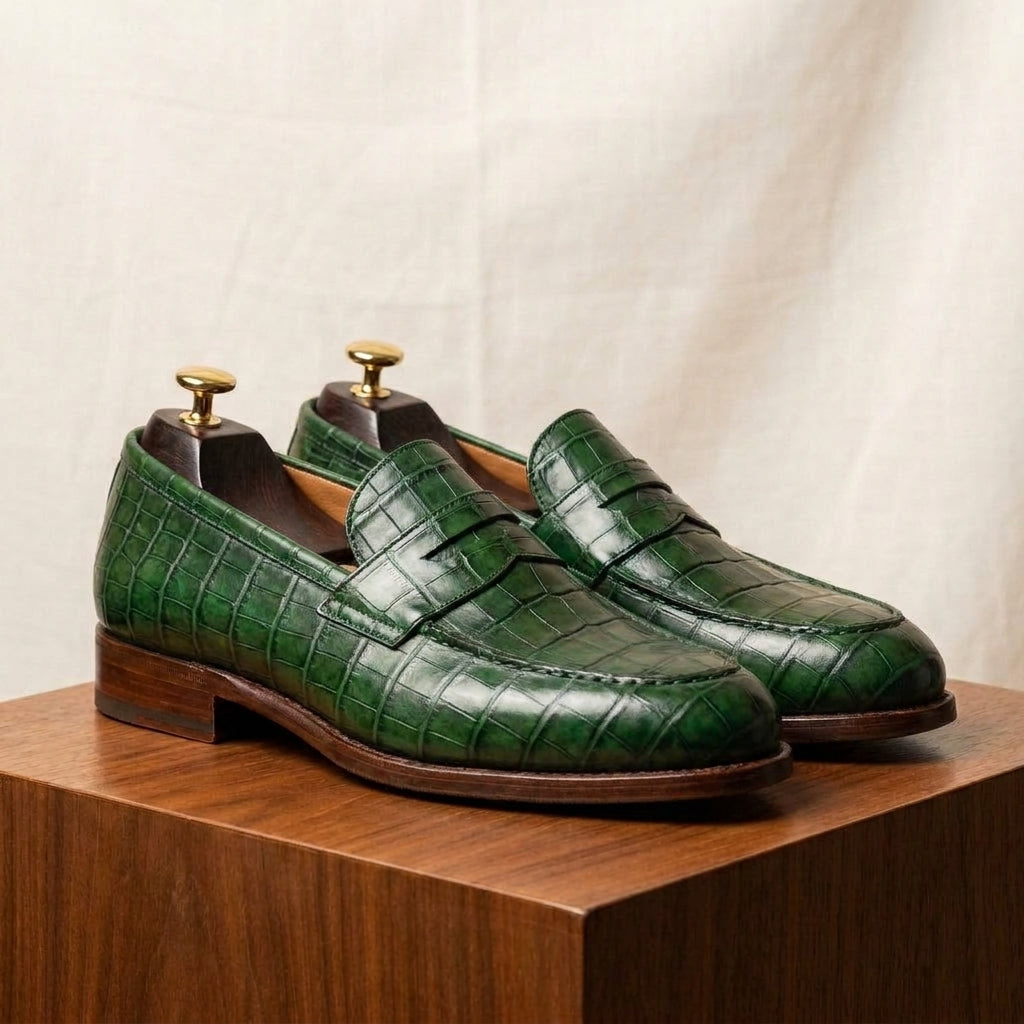 Green Crocodile-Print Leather Garbin Penny Loafer with Natural Leather Sole
