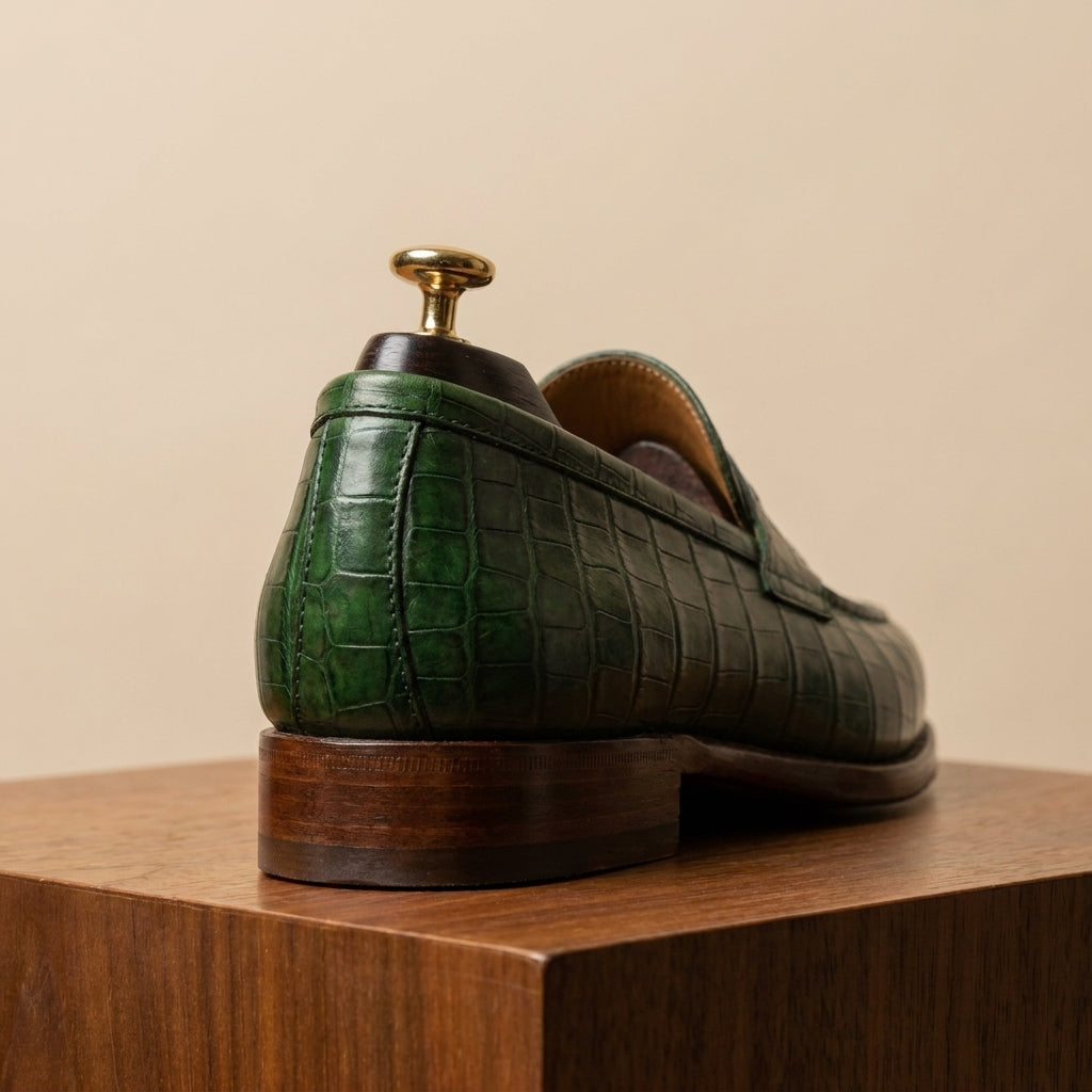 Green Crocodile-Print Leather Garbin Penny Loafer with Natural Leather Sole