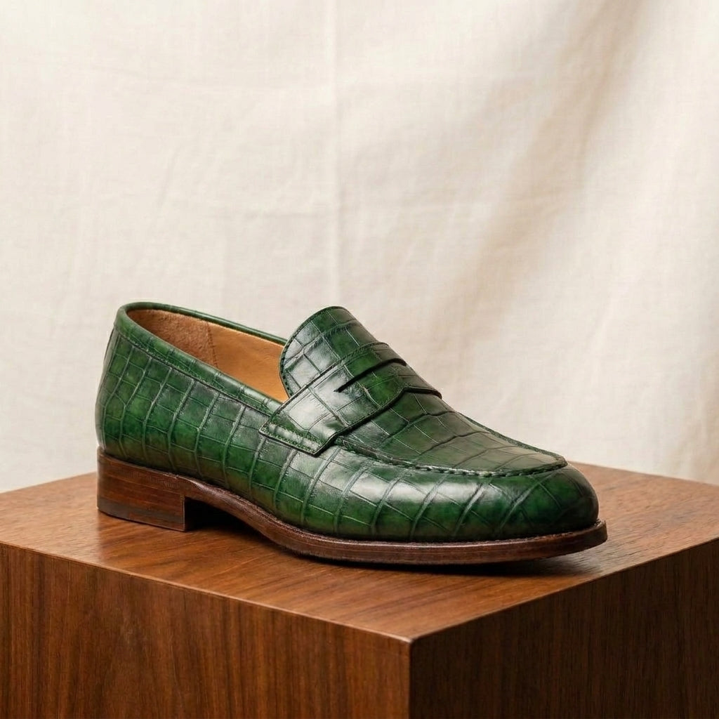Green Crocodile-Print Leather Garbin Penny Loafer with Natural Leather Sole