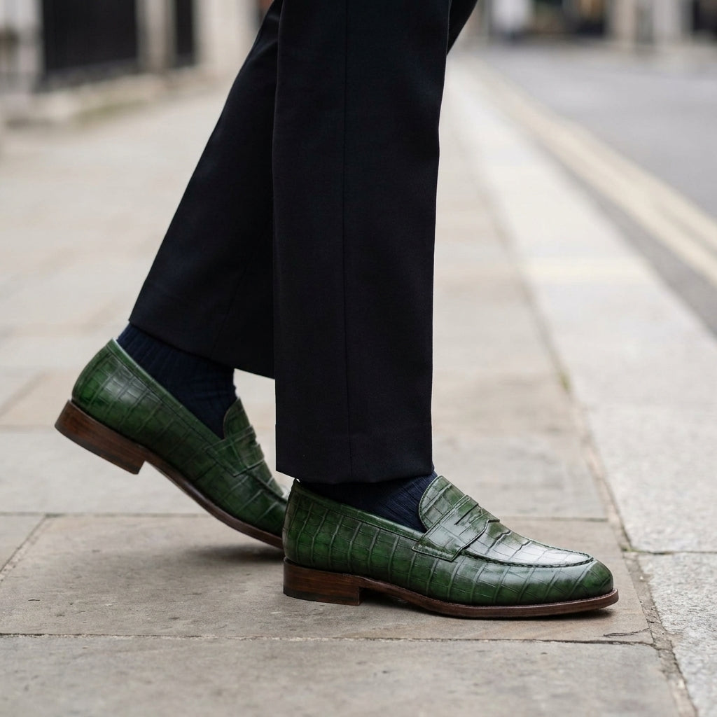 Green Crocodile-Print Leather Garbin Penny Loafer with Natural Leather Sole
